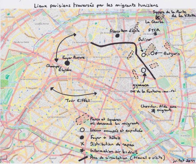 Carte des migrants tunisiens de Lampedusa à Paris. juillet 2011. © Carine Fouteau Carte des migrants tunisiens de Lampedusa à Paris. juillet 2011. © Carine Fouteau